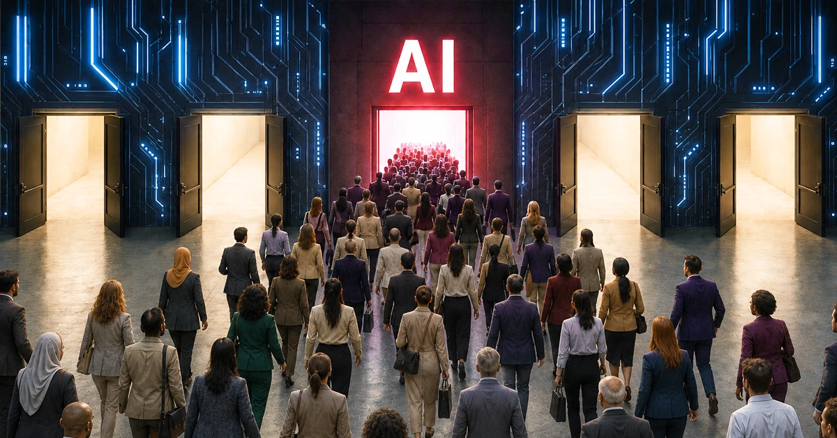 Business professionals walking toward an AI technology solution